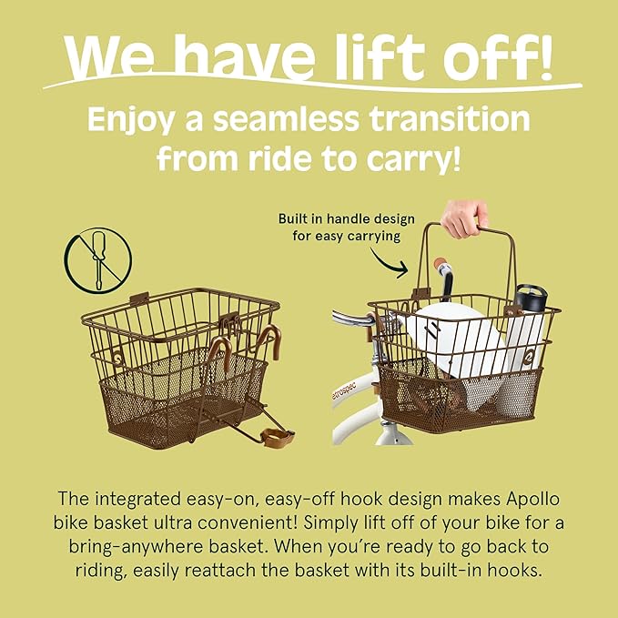 Retrospec Apollo Detachable Front Bike Basket Steel Half-Mesh with Integrated Detachable Hooks and Built-In Handle, Easy Assembly and Portability for Bicycles