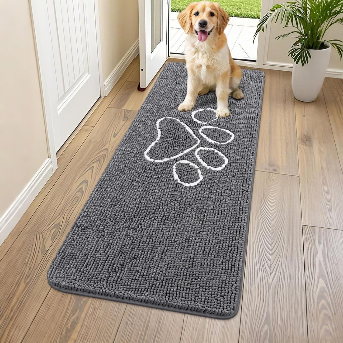 Smiry Dog Door Mat for Muddy Paws, Absorbent Dirt Trapper Non Slip Quick Dry Washable Chenille Mat for Mud Dogs, Entry Rug for Indoor and Outdoor (59x24 Inches, Dark Grey and White)