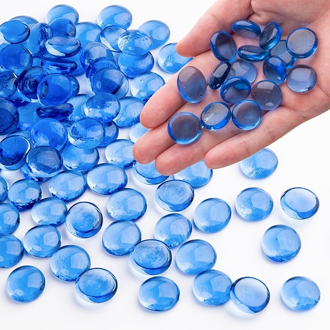 Pale Blue Glass Marbles, 0.97LB Transparent Flat Glass Beads for Vases, Light Blue Mosaic Gem Pebbles for Aquarium Decor, Floral Arrangements, Mancala Stones, Vase Filler and Crafts, Approx. 80-100PCS