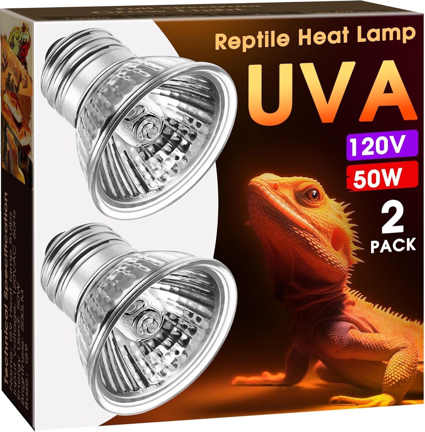 Briignite Reptile Heat Bulb 2 Pack, 50W UVA UVB Reptile Light Bulbs, Dimmable Heat Lamp Bulbs, Basking Light Bulb for Turtle, Beard Dragon Gecko Lizard Amphibians