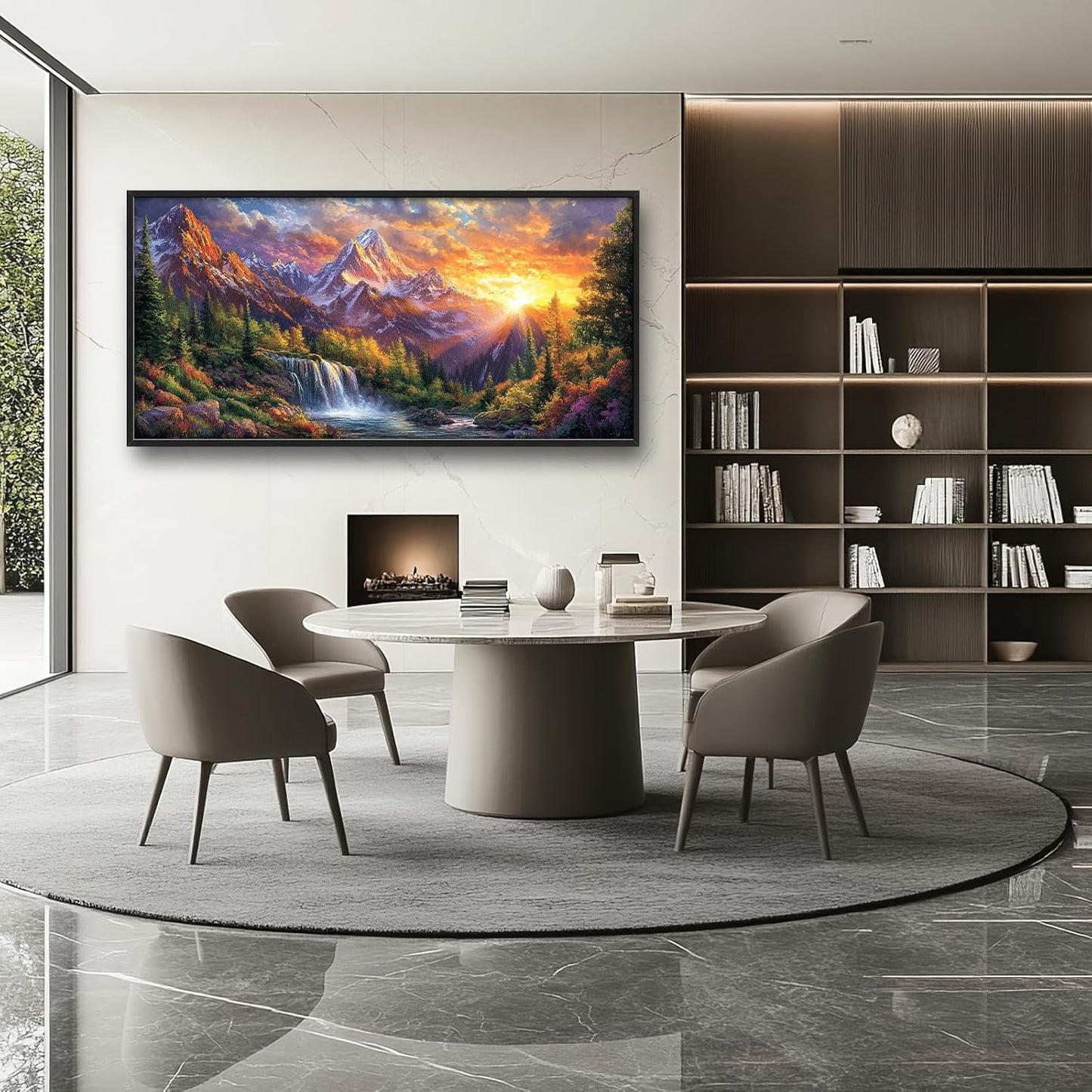 Large Mountain Tree Wall Art for Living Room, Framed Oversized Sunset Waterfall Wall Decor Nature Landscape Canvas Painting Modern Artwork for Living Room Bathroom Bedroom Office Dining Room 60"x30"