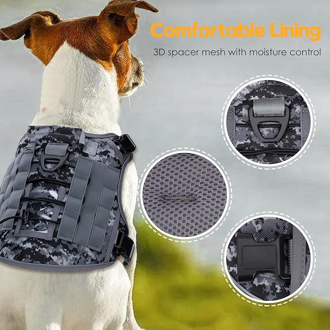 Heavy-Duty Tactical Dog Harness for Large Dogs, No Pull Adjustable Reflective Pet Vest with Molle System, K9 Military-Grade Control for Service Training, Outdoor & 10+ Breeds, Gray Camo, Large