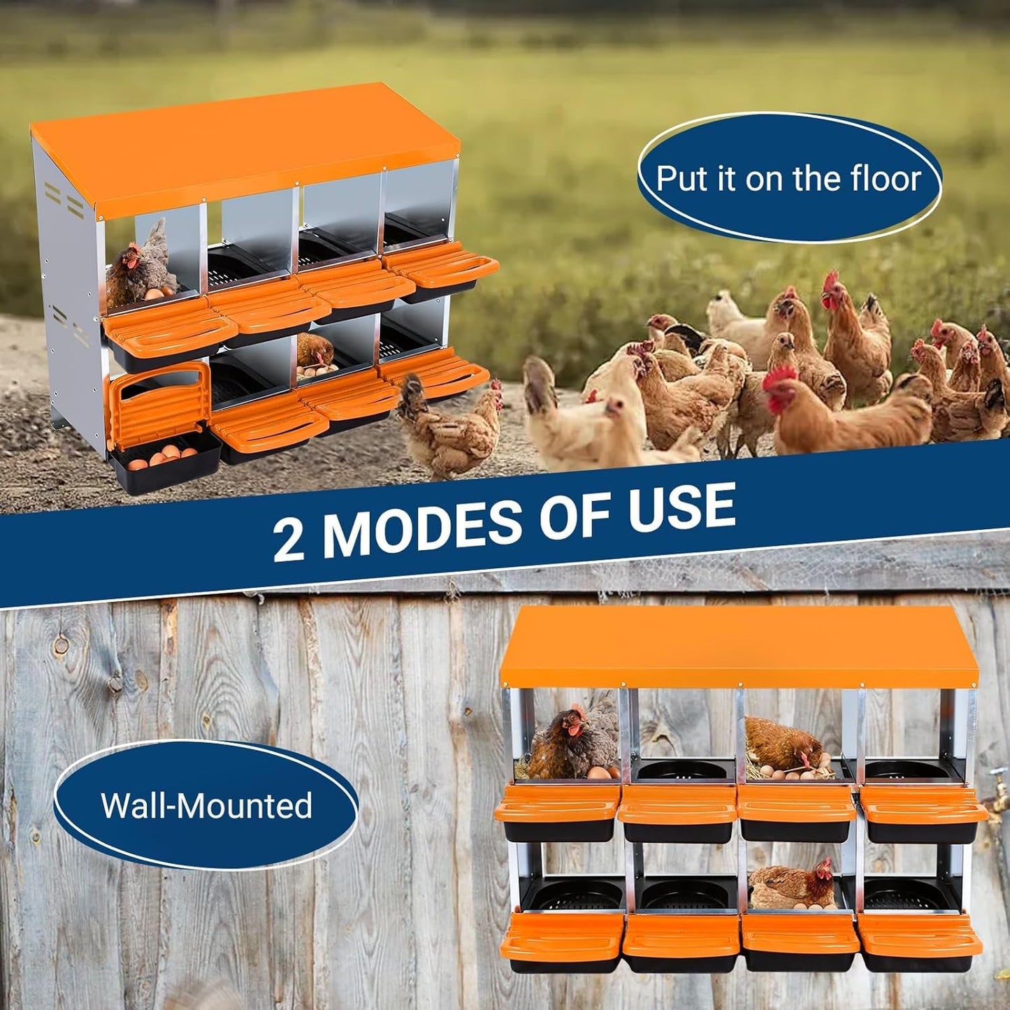 Chicken Nesting Boxes, 8 Hole Metal Chicken Laying Box with with Removable Trays and Roll Out Egg Collection for Chicken Coop, Orange