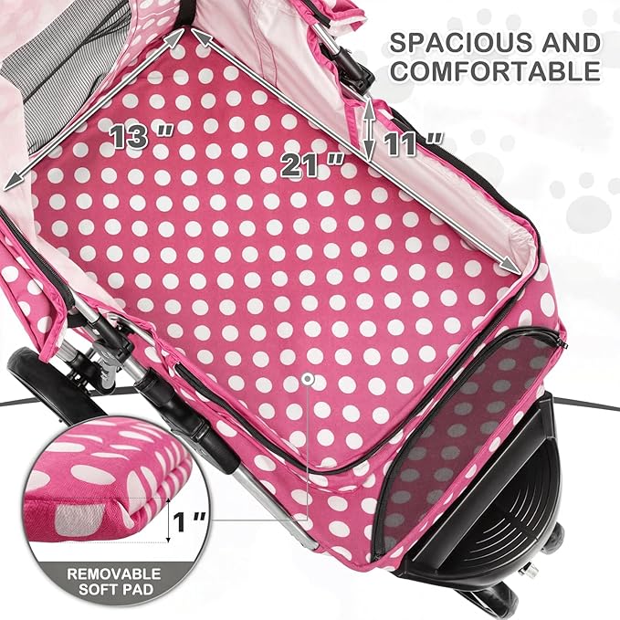 MoNiBloom 3 Wheels Pet Dog Cat Stroller for Small Medium Dogs Cats, Foldable Jogger Stroller w/Storage Basket and Cup Holder, Hot Pink Polka Dots