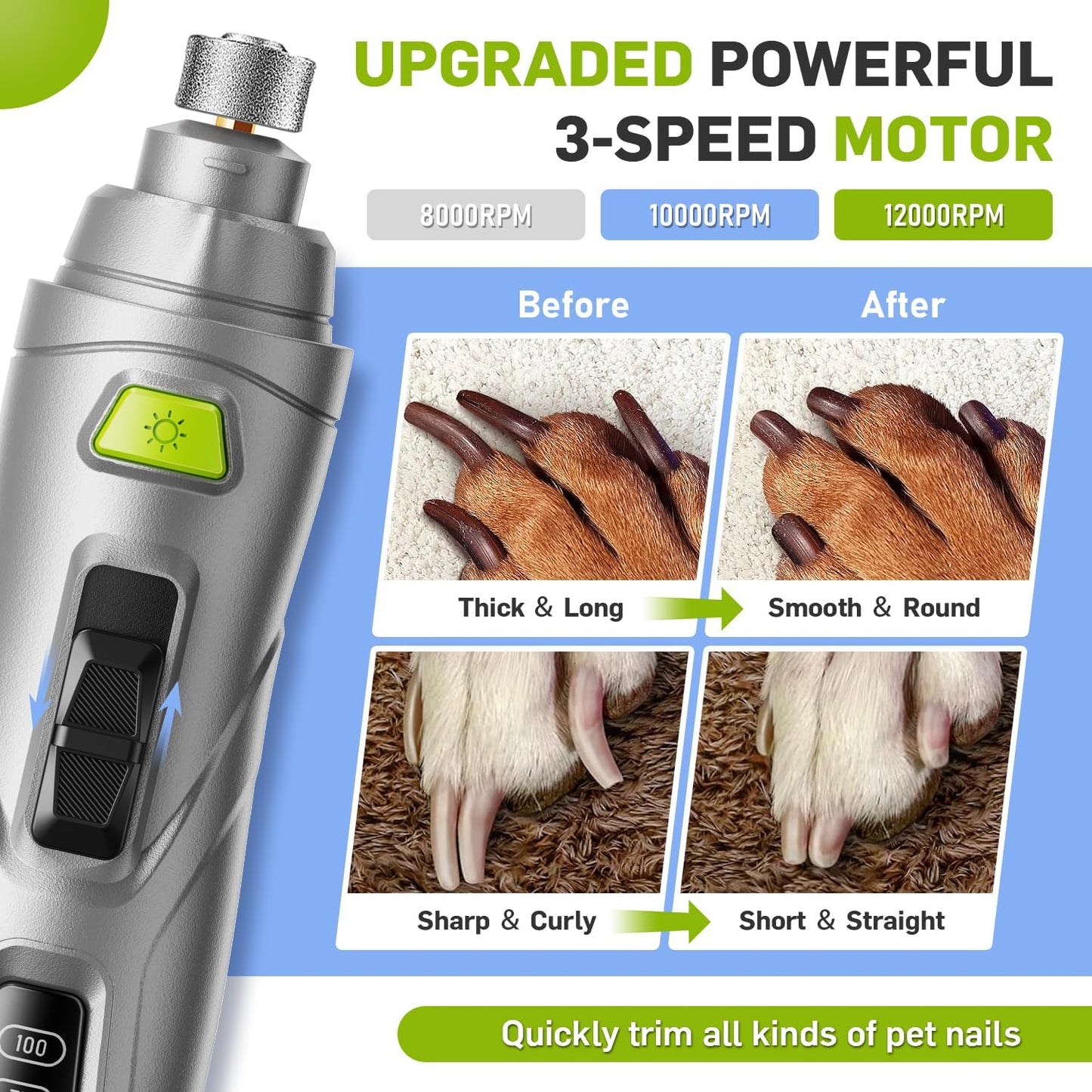 Dog Nail Grinder & Clipper 2-in-1 Set - 25dB Ultra Quiet with 3 Grinding Wheels & 2 LED Lights, Rechargeable for Large/Puppy Dogs & Cats, 3-Speed Adjustable for Anxious Pets