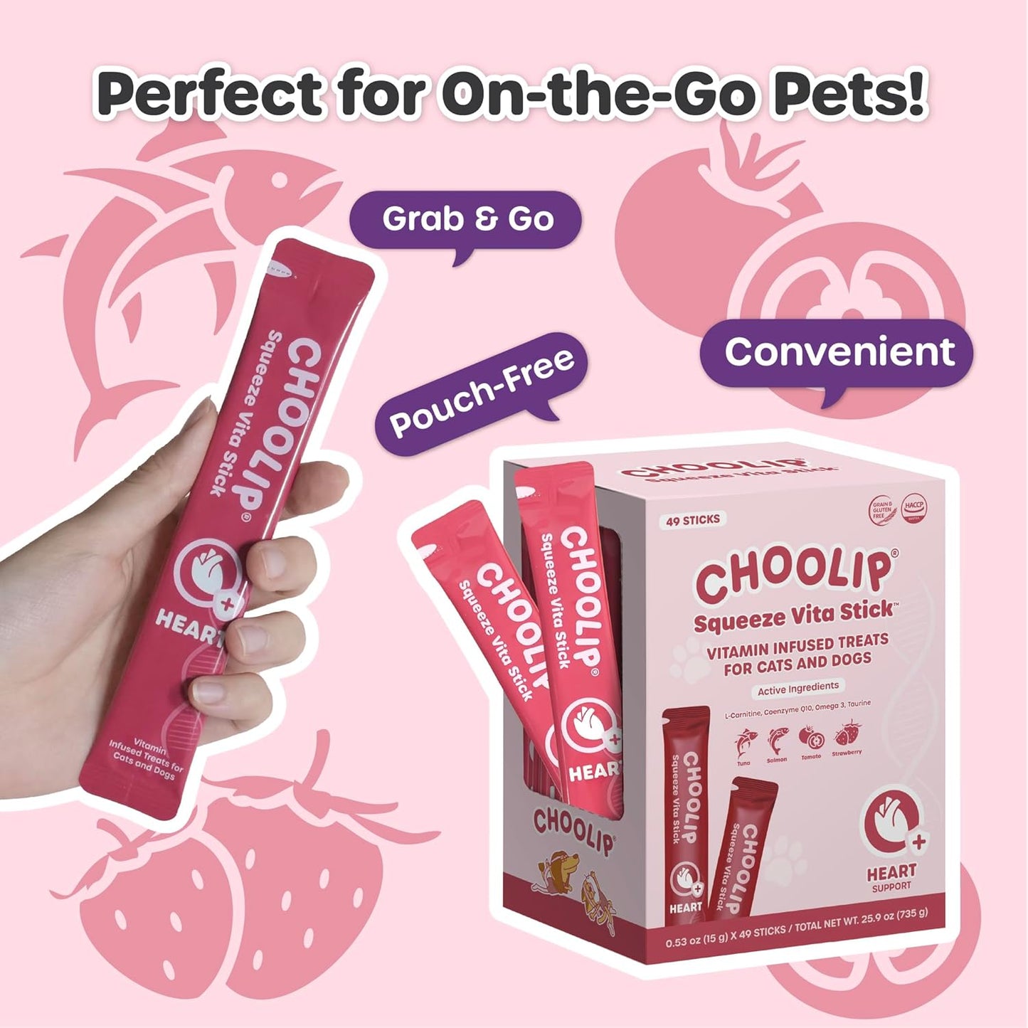 Grab & Go Squeeze Vita Stick Lickable Treats for Dogs & Cats. 49 Heart Support Sticks with Essential multivitamins. Soft and Tasty Paste for All Life Stages, Supporting Heart Health