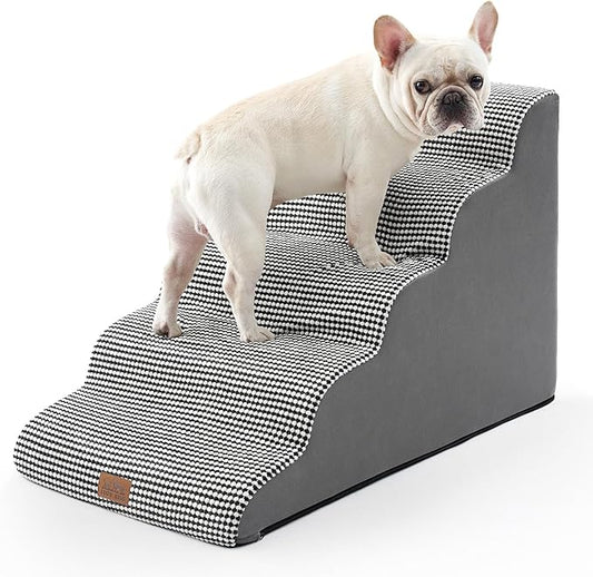 Extra Wide Dog Stairs 19.7" Width, Large Pet Step for Small Medium Dog, Puppy or Cat, Ramp for High Bed or Car, High Density Foam Ladder, Stable, 5 Step, 19.7x33x22.4 inch, White Black