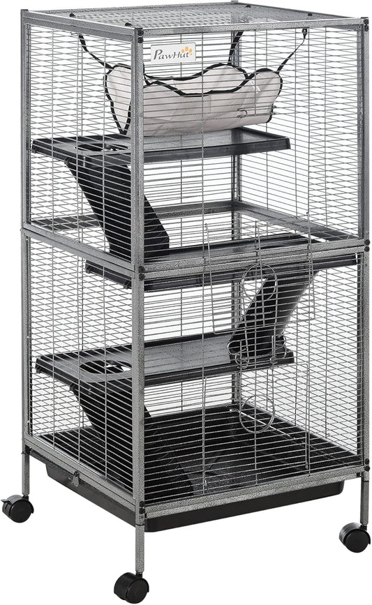 PawHut Metal Small Animal Cage, 4-Tiers Rolling Big Ferret Cage with Hammock, Removable Tray, for Chinchilla, Sugar Glider, Gray