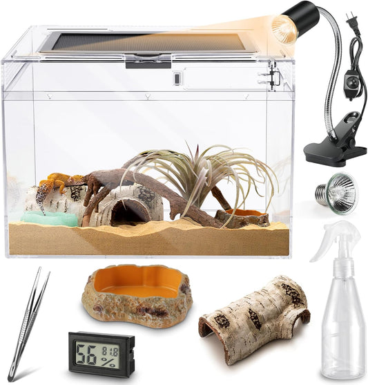 Reptile PC Terrarium,Anti Breakage 15x8x10inch Amphibians Insect Tank Gecko Starter Kits,Top Sliding Door Screen Ventilation Mini Isopod Habitat Cages,Hygrometer Thermometer,Hide Cave,Tweezer,Sprayer