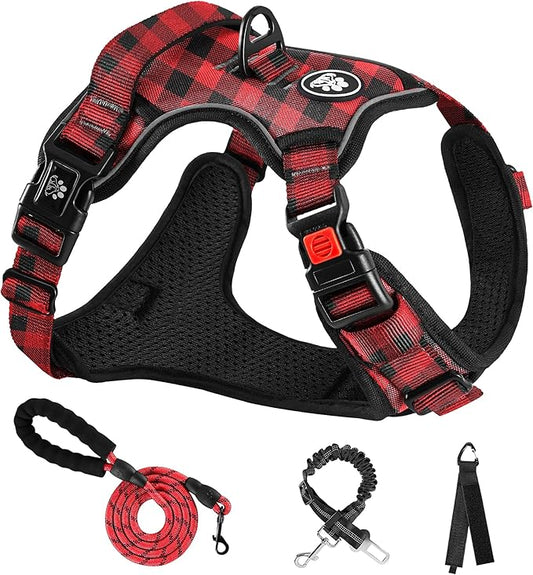 NESTROAD No Pull Dog Harness with Leash, Reflective No Choke Pet Vest Harness,Adjustable Soft Padded Dog Harness with Easy Control Handle for Small Dogs(Checkered Red,Small)