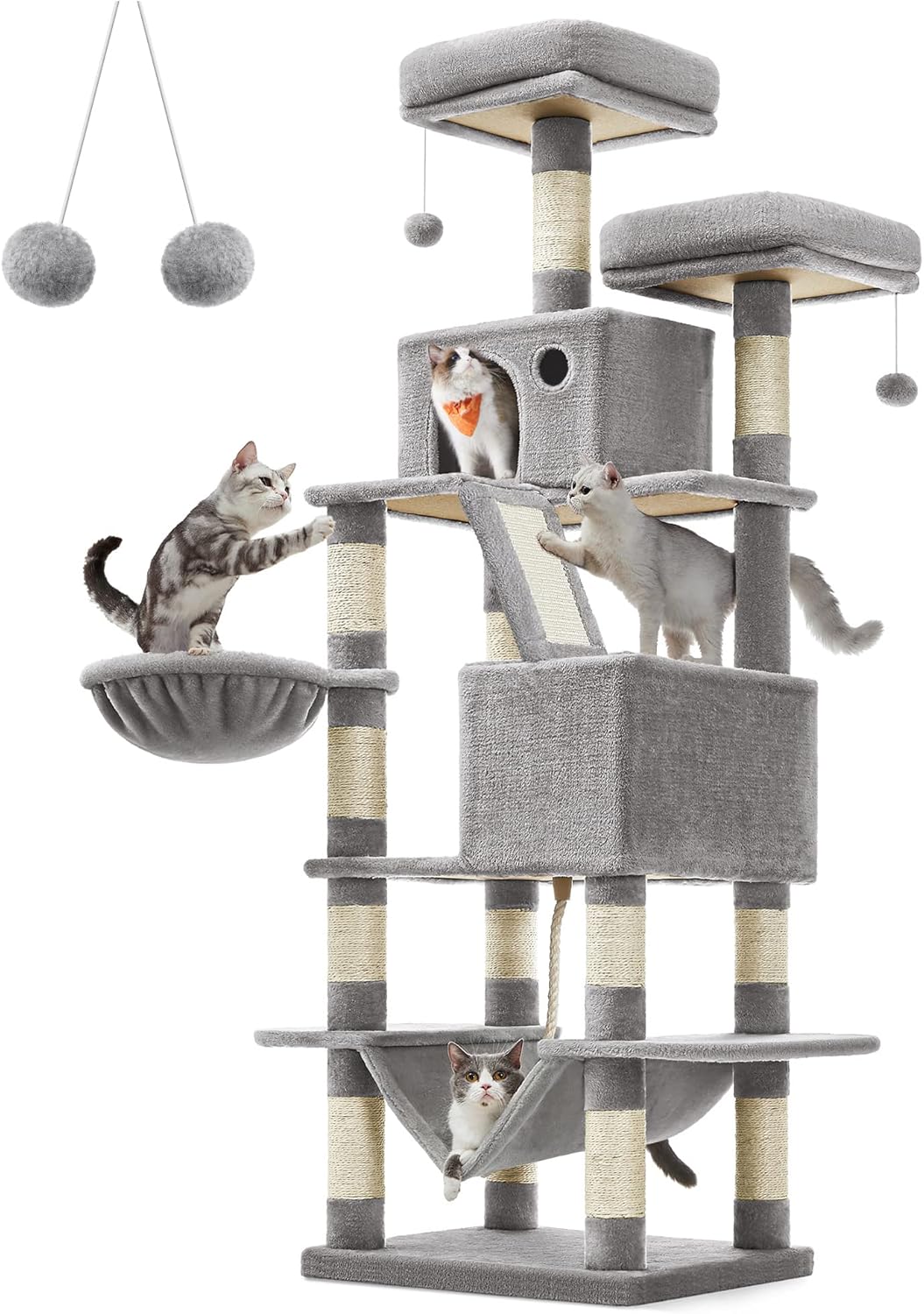 Feandrea Cat Tree, 66.1-Inch Large Cat Tower with 13 Scratching Posts, 2 Perches, 2 Caves, Basket, Hammock, Pompoms, Multi-Level Plush Cat Condo for Indoor Cats, Light Gray UPCT165W01