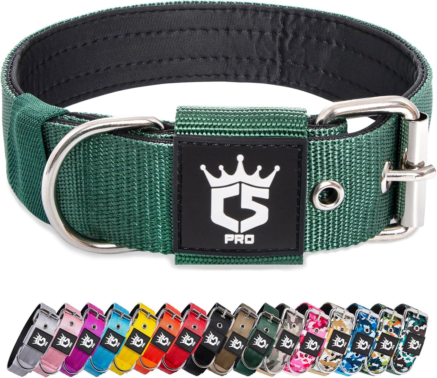 TSPRO Tactical Dog Collar 1.5 Inch Wide Thick Dog Collars with Heavy Duty Metal Buckle, Durable, Strong, Adjustable for Medium to Large Dogs (Green M)