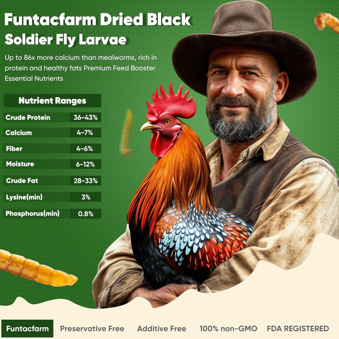 10LB Dried Black Soldier Fly Larvae for Chickens, High Protein Chicken Feed Superior to Meal Worms for Wild Birds & Chicken Treats for Laying Hens