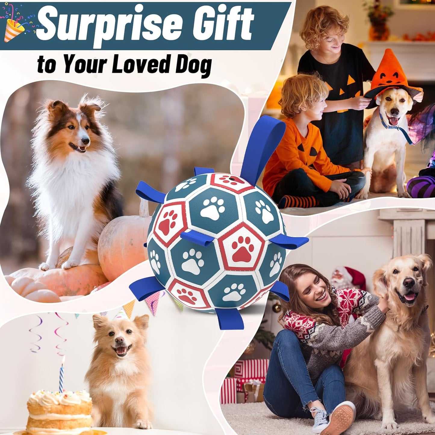 QDAN Dog Toys Soccer Ball with Straps, Herding Balls for Dogs, Interactive Toy for Tug of War, Durable Dog Balls for Medium Large Dogs (8 Inch)