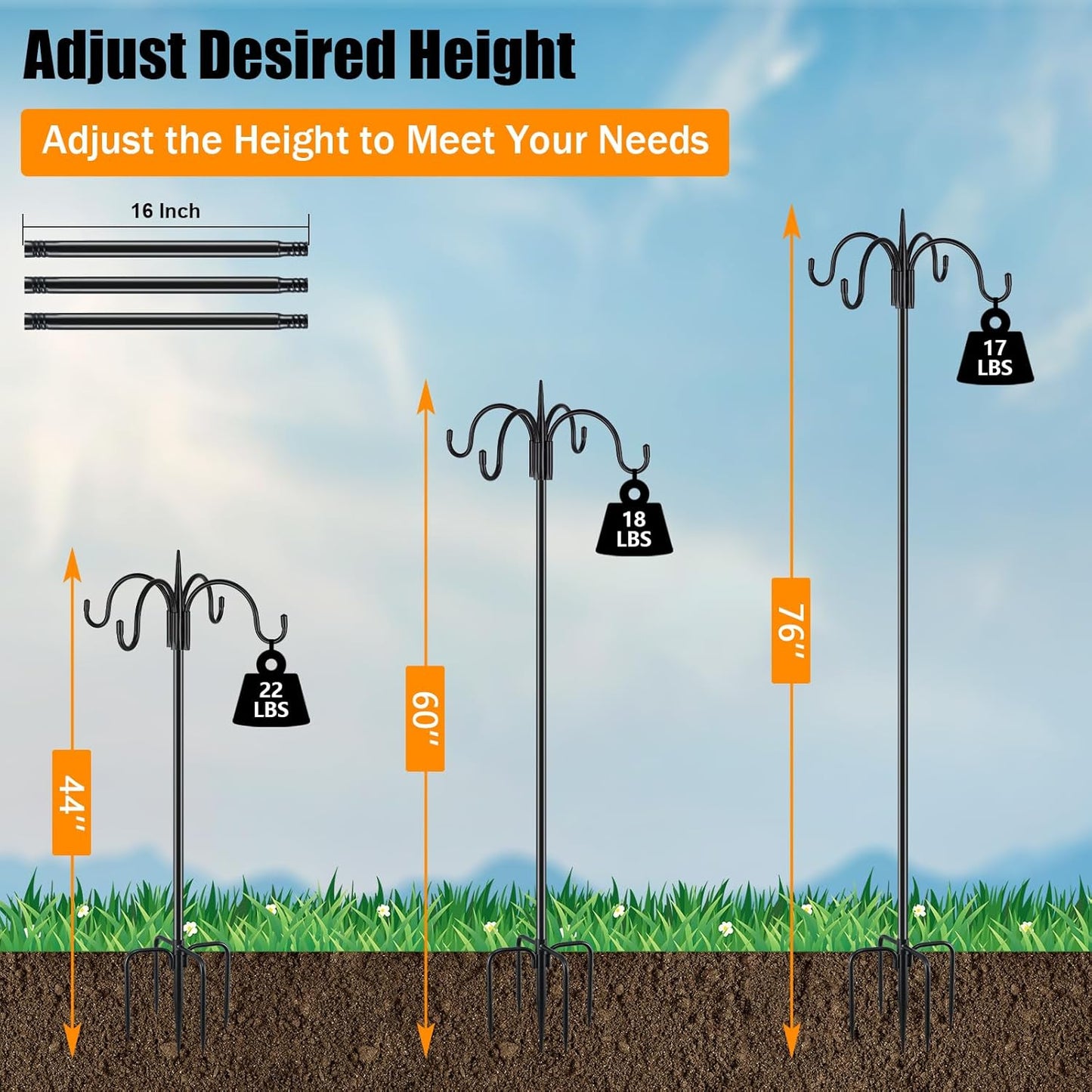 FEED GARDEN 76 Inch Four Shepherd Hooks for Outdoor,Bird Feeder Pole with 5 Prong Base, Adjustable Shepard Hooks for Hanging Plant, Solar Lanterns, Wind Chimes, 2 Pack