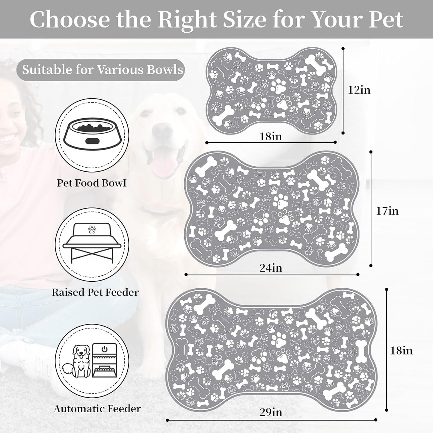 Dog & Cat Food Mat Bone Shaped Pet Feeding Mat Quick Absorb Water Bowl Placemat with Rubber Backing Indoor Floor Stain Resistant Pet Accessory Supplies (Grey, 16x24 Inches)