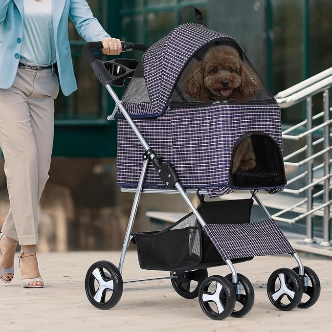 Magshion Foldable Pet Stroller, 3-in-1 Dog Travel Jogger with Detachable Carrier, Cup Holder, Storage Basket, Folding Carrier for Small/Medium Dogs & Cats Up to 33 lbs, Plaid