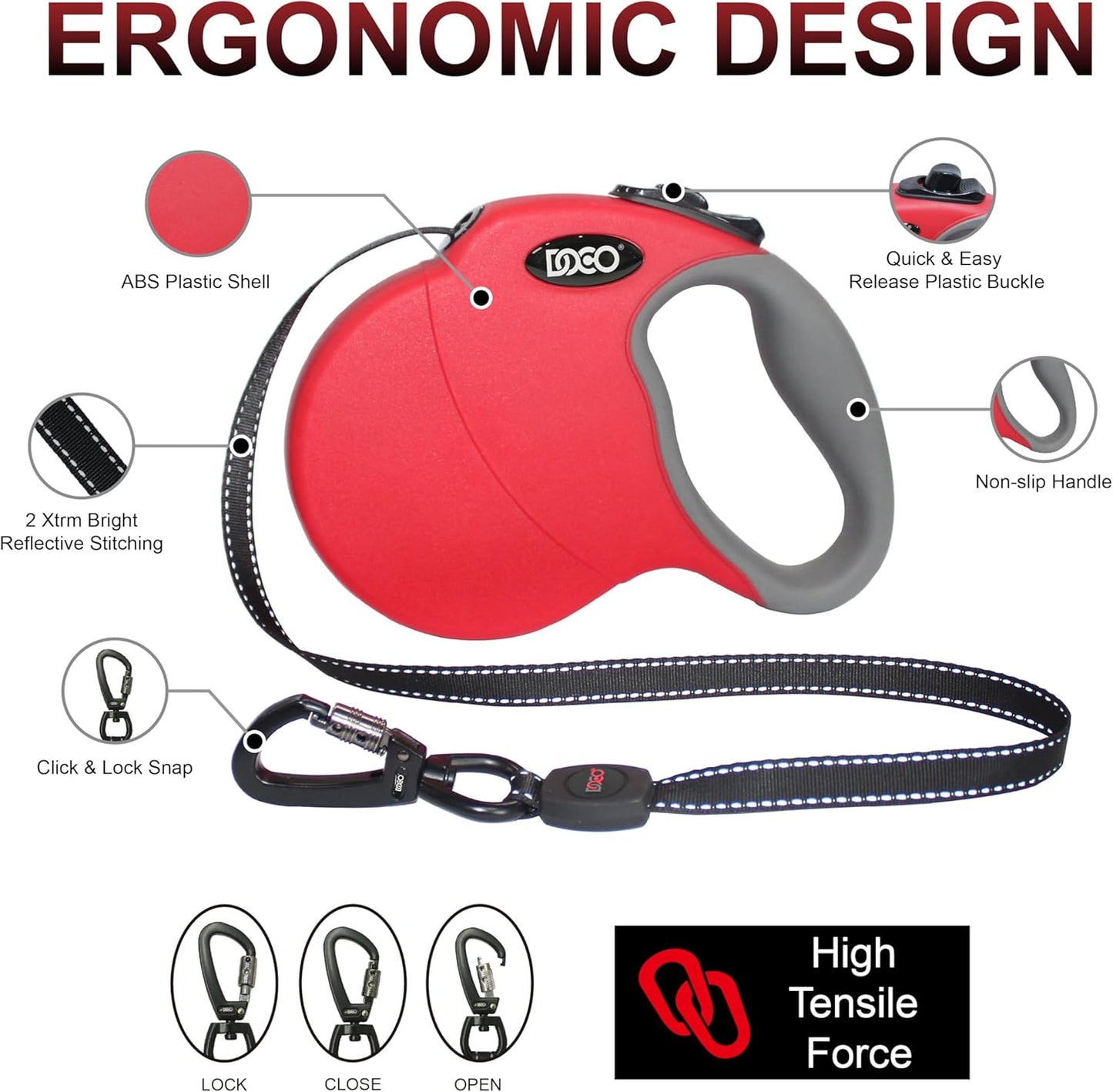 DOCO Retractable Dog Leash for Large Dogs (Length - 16’, Weight - Upto 110lb) Reflective Tape Lead with Stop and Lock Control, Tangle Free 360° Swivel Snap & Anti-Slip Grip (Black, Large)