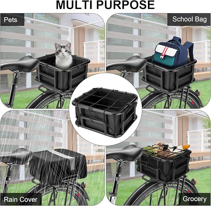 Bike Basket Rear with Liner,Waterproof Cover,Cargo Net Large Rear Bike Basket,Heavy Duty Bicycle Rear Basket for Electric Bike, Ebike,Great for Bike Trip,Carrying Grocery,Ball,Dog