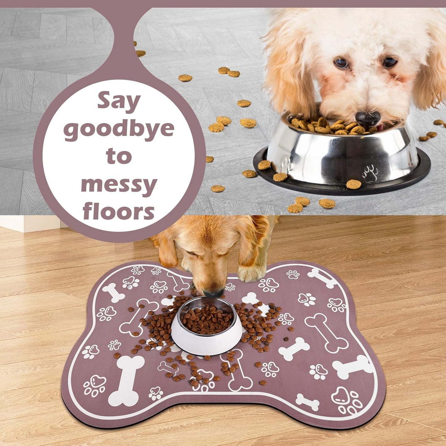 Dog Cat Mat for Food and Water,Rapid Absorbent Pet Feeding Mat, Bone Shaped Dog Placemat Bowl Mat with Rubber Backing,No Stains Pet Food Mats Indoor, Pet Accessories Supplies,Brown 16"×24"