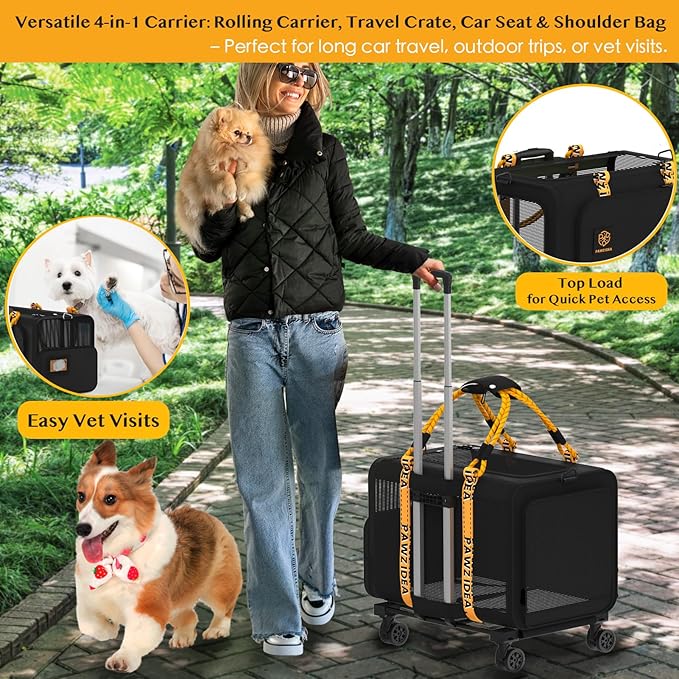 PAWZIDEA Expandable Pet Carrier with Wheels, 24"x16"x16" Large Cat Carrier for 2 Cats, Soft-Sided Dog Travel Crate for Small Medium Dog, Collapsible Rolling Travel Bag w/Telescopic Handle, Chew-Proof