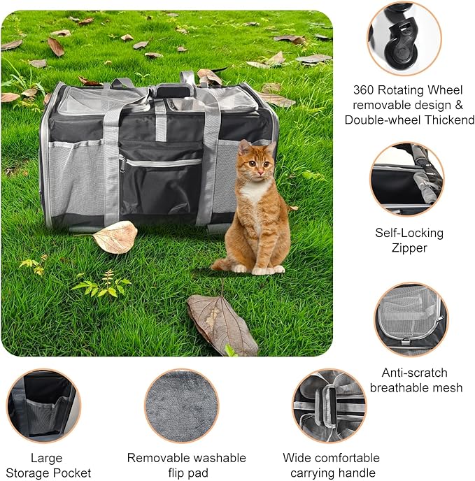 Cat Carrier for 2 Cats, Large Dog Cat Carrier with Wheels for Under 44lbs, Rolling Pet Carrier with Removable Pole Platform and Upgraded Wheels Dog Cat Travel Carrier for Hiking Camping, Black