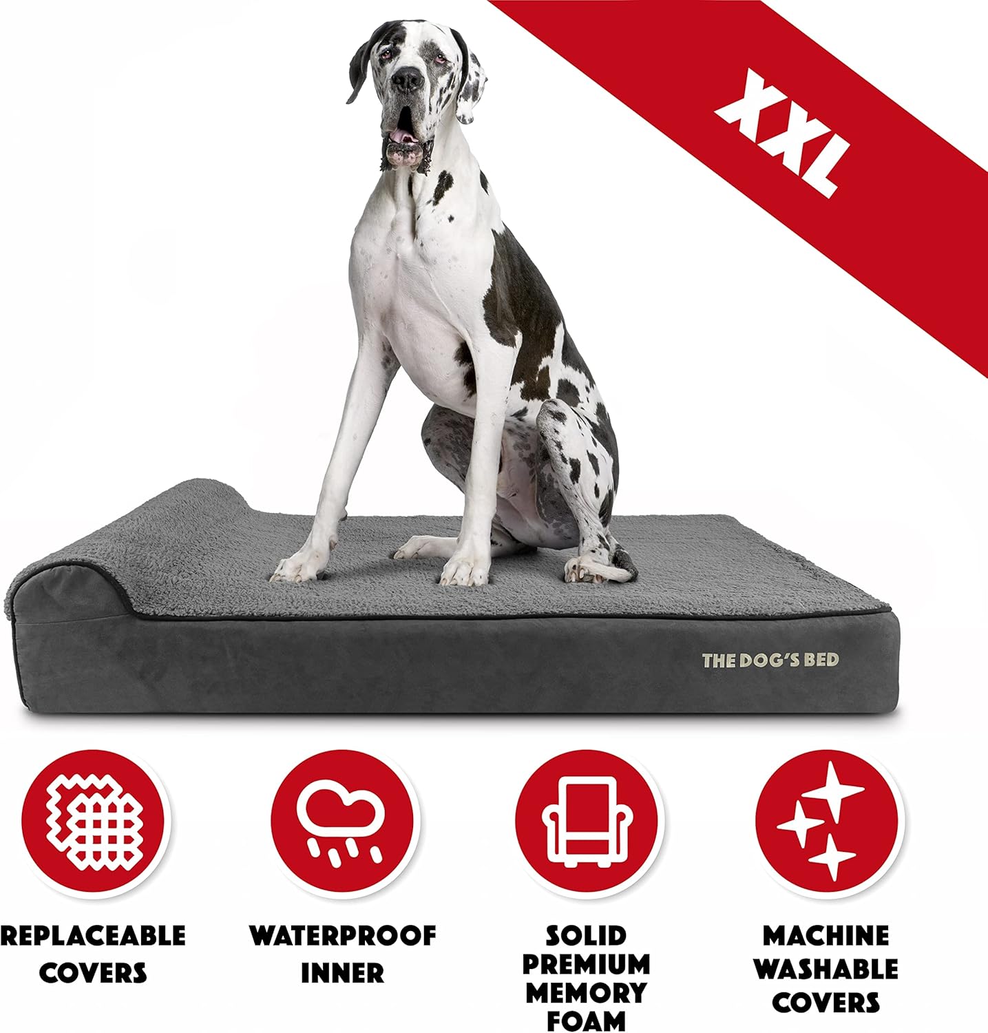 The Dog’s Bed Orthopedic Headrest Dog Bed XXL Grey Plush 54x36, Memory Foam, Pain Relief for Arthritis, Hip & Elbow Dysplasia, Post Surgery, Lameness, Veterinary Approved, Waterproof Washable Cover