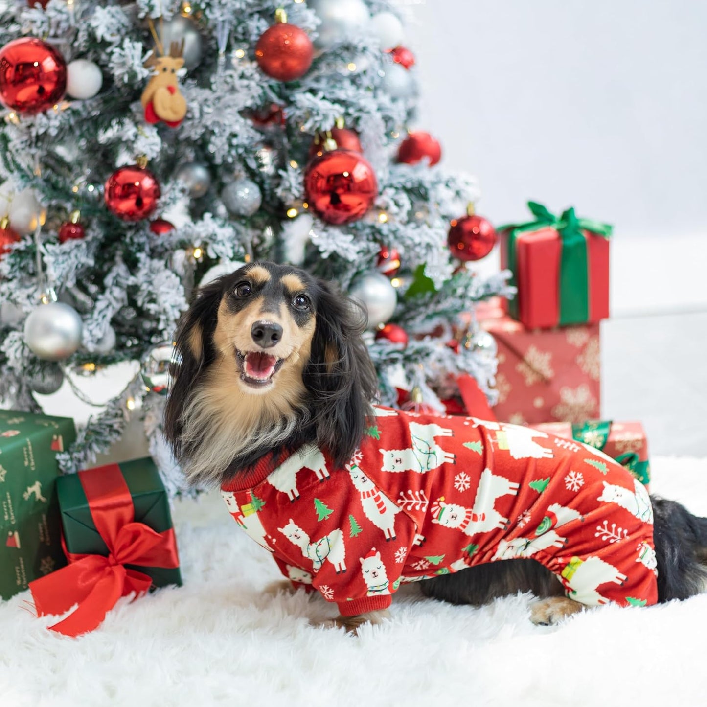 Fitwarm Christmas Alpaca Dog Pajamas, Christmas Clothes for Small Dogs Boy Girl, Holiday Pet Outfit, Red, Green, White, Large