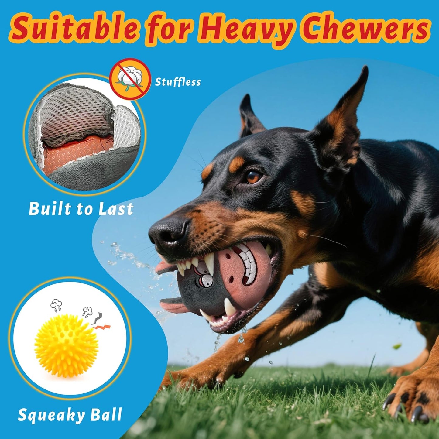 3-in-1 Interactive Dog Toys – Durable No-Stuffing Chew Toy with Squeaky Spiked Ball for Small, Medium & Large Breeds, Dog Toys for Aggressive Chewers
