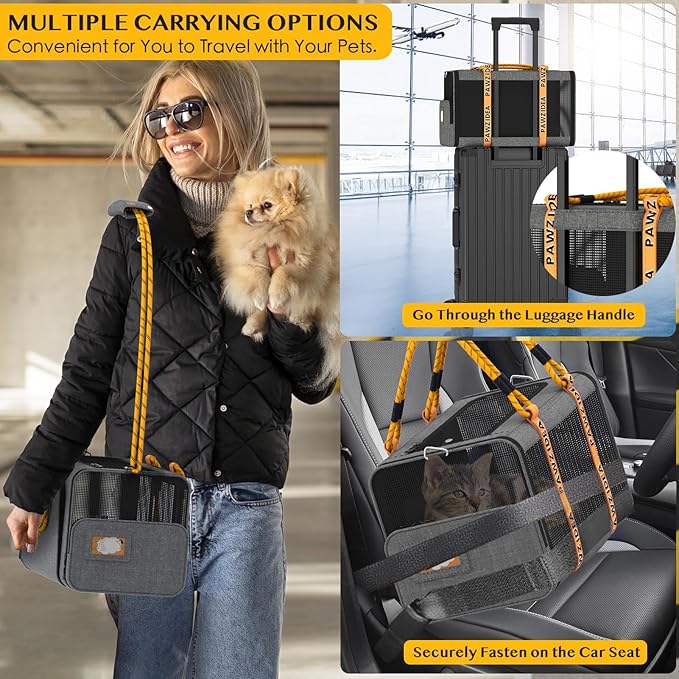 PAWZIDEA Expandable Pet Carrier w/ID Card, 18x11x11 in Small Dog Carrier TSA Airline Approved, Top Load Cat Carrier for 2 Cats Under Seat, Soft-Sided Collapsible Puppy Car Seat Dog Travel Bag, Up 15lb