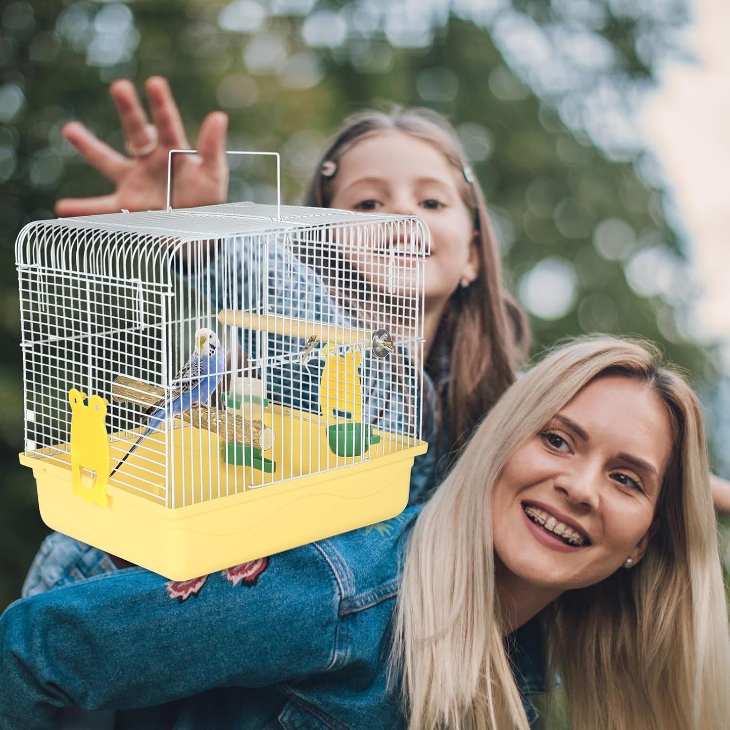 Small Bird Cage, Lightweight for Parakeets, Hanging for Parrot, Travel for Cockatiel, Outdoor Budgie, Pet Products Flat Top Economy Small Animal Cage with Stand Accessories with White Wire, Yellow