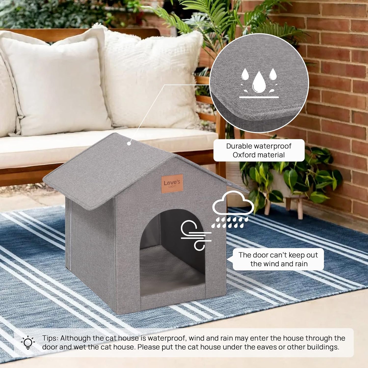 Love's cabin Outdoor Cat House Weatherproof, Insulated Feral Cat House Outdoor for Winter, Waterproof Outside House for Indoor Cats, Shelter with Removable Soft Cushion,Grey