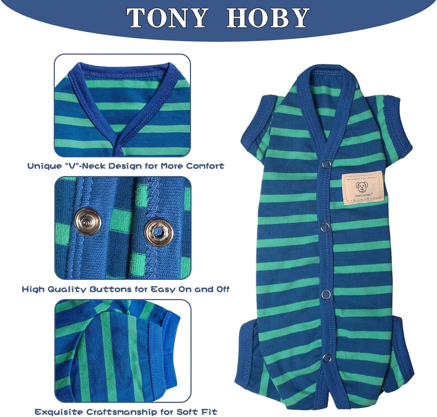 TONY HOBY Dog Pajamas for Medium Small Dogs, Dog Jumpsuit with Stripes 4 Legged Pajamas, Soft Dogs Pet Clothes (Blue&Green, Girl, XS)