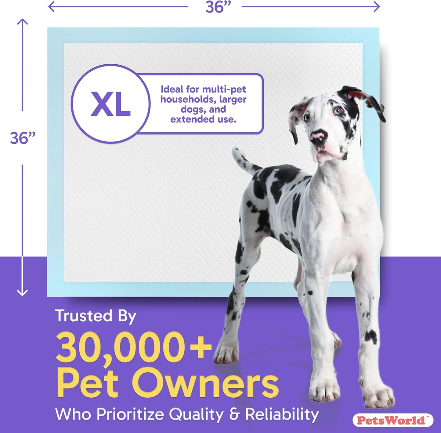 PETSWORLD Giant Dog Potty Pads, Odor-Eliminating, 36" x 36", Ultra Absorbent 5-Layer Leak-Proof Training Pads for Dogs & Cats (36x36, 1200 Count)
