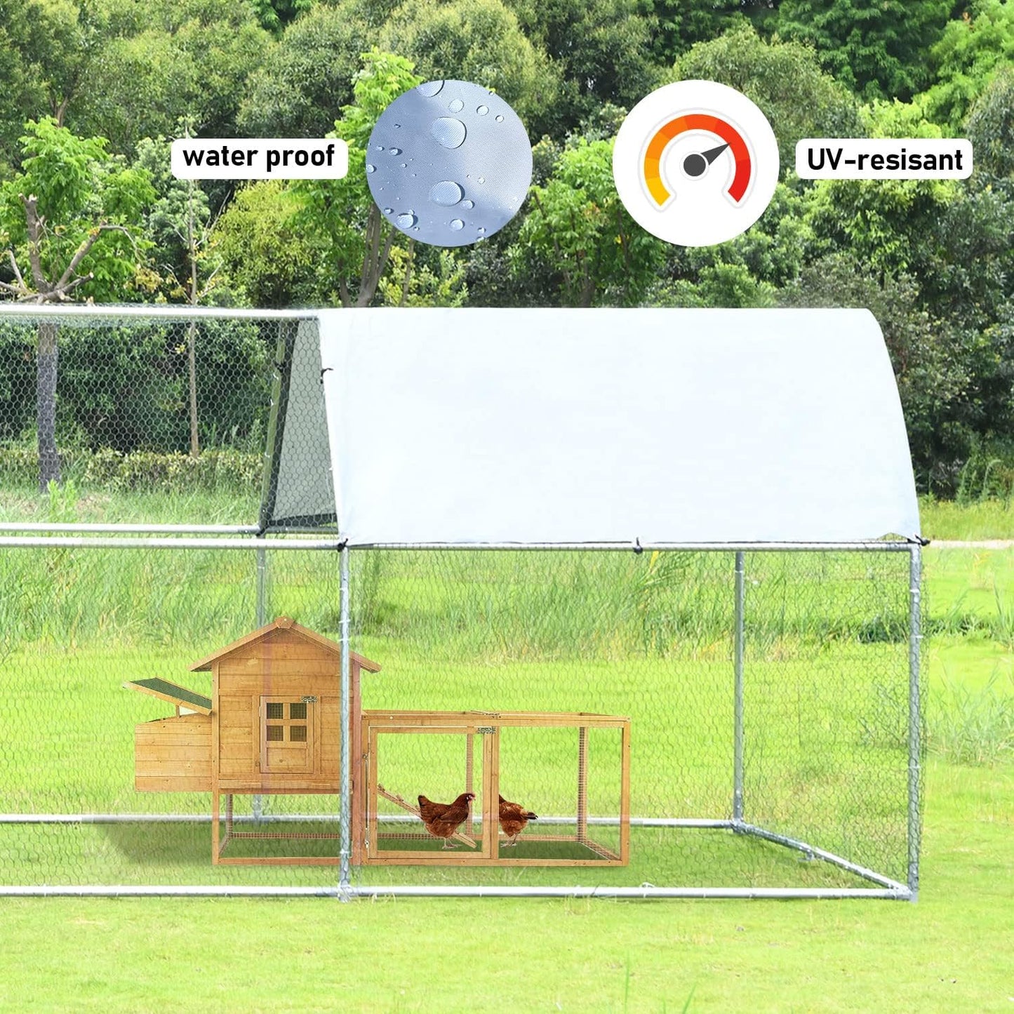 1.26'' Chicken Runs for Yard with Cover, Large Metal Chicken Run Walk in Metal, Outside Dog Kennel with Roof, Flat Roofed Outdoor Kennel for Cats(9.2’L x12.5’Wx 6.4’H)