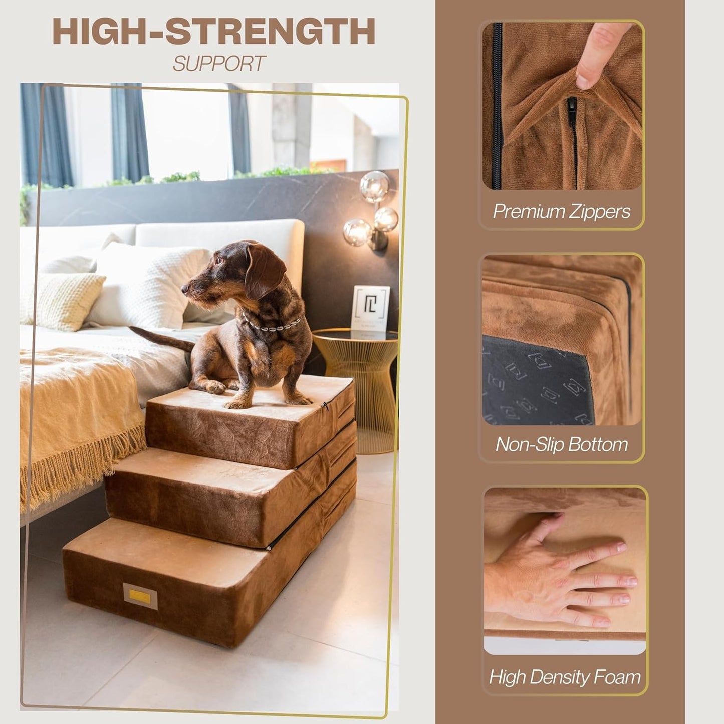 All-in-One Adjustable Dog Stairs – 5-Step Premium Pet Ramp for Small to Large Dogs – Sturdy, Non-Slip & Versatile for Beds, Sofas & More - Soft Cover, Modern Design (Brown)