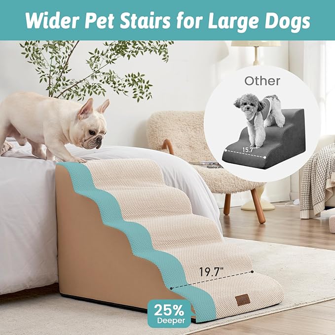 Extra Wide Dog Stairs 19.7" Width, Pet Step for Small Medium/Large Dog, Puppy or Cat, Pet Ramp for High Bed or Car, High Density Foam Ladder, Stable, 5 Step, 19.7x33x22.4 in, Beige