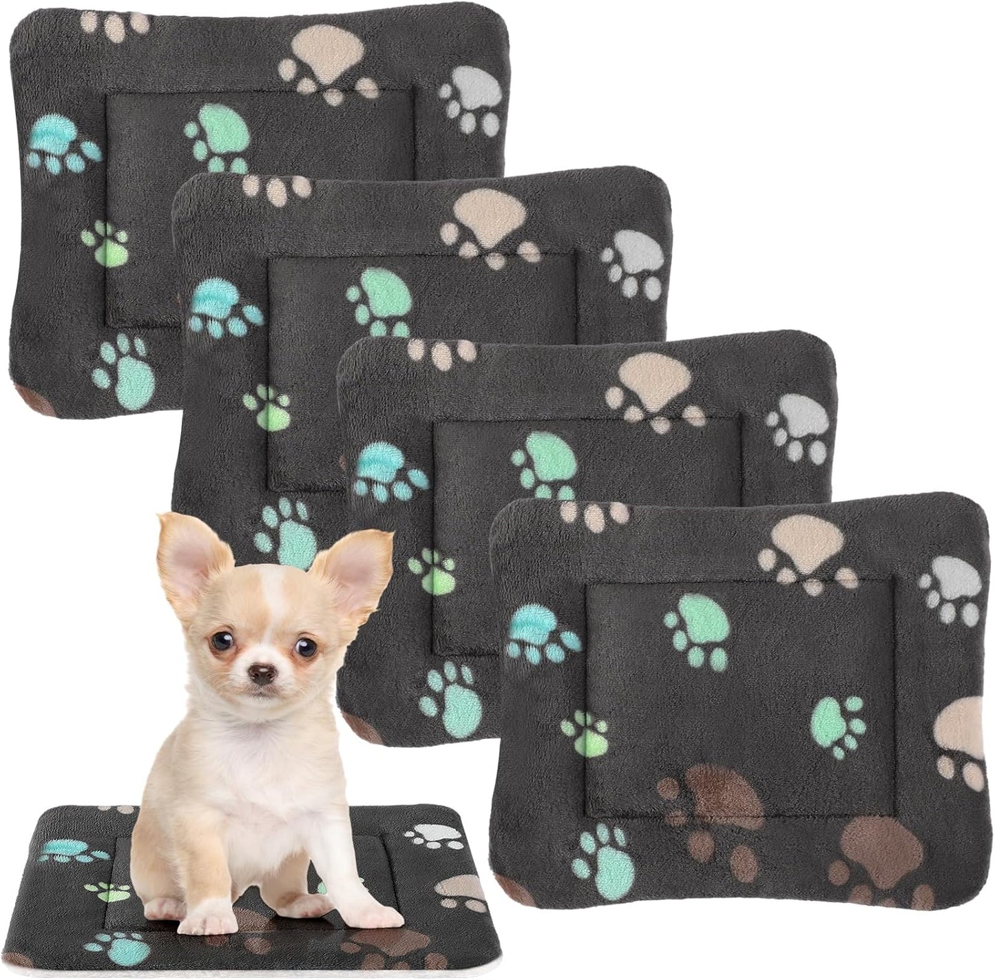 4 Pack Ultra Soft Dog Cat Bed Mat with Cute Prints Reversible Fleece Dog Crate Kennel Pad Cozy Washable Thickened Hamster Guinea Pig Pet Bed Mat for Small Animals(13 x 19 Inches,Black)