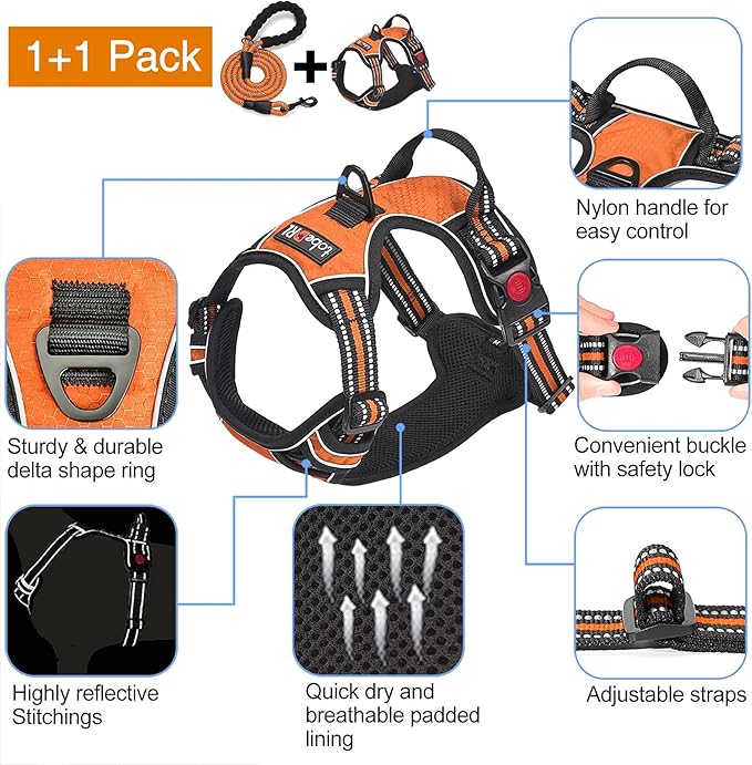 No Pull Dog Harness Adjustable Reflective Oxford Easy Control Medium Large Dog Harness with A Free Heavy Duty 5ft Dog Leash (XL (Chest: 31"-39"), Orange Harness+Leash)