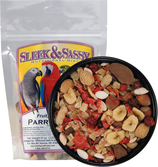 SLEEK & SASSY Fruit, Veggie, Nut Parrot Treat Perfect for Large Conures, Amazons, African Greys, Cockatoos, Pionus-Parrots & Macaws (8 oz.)