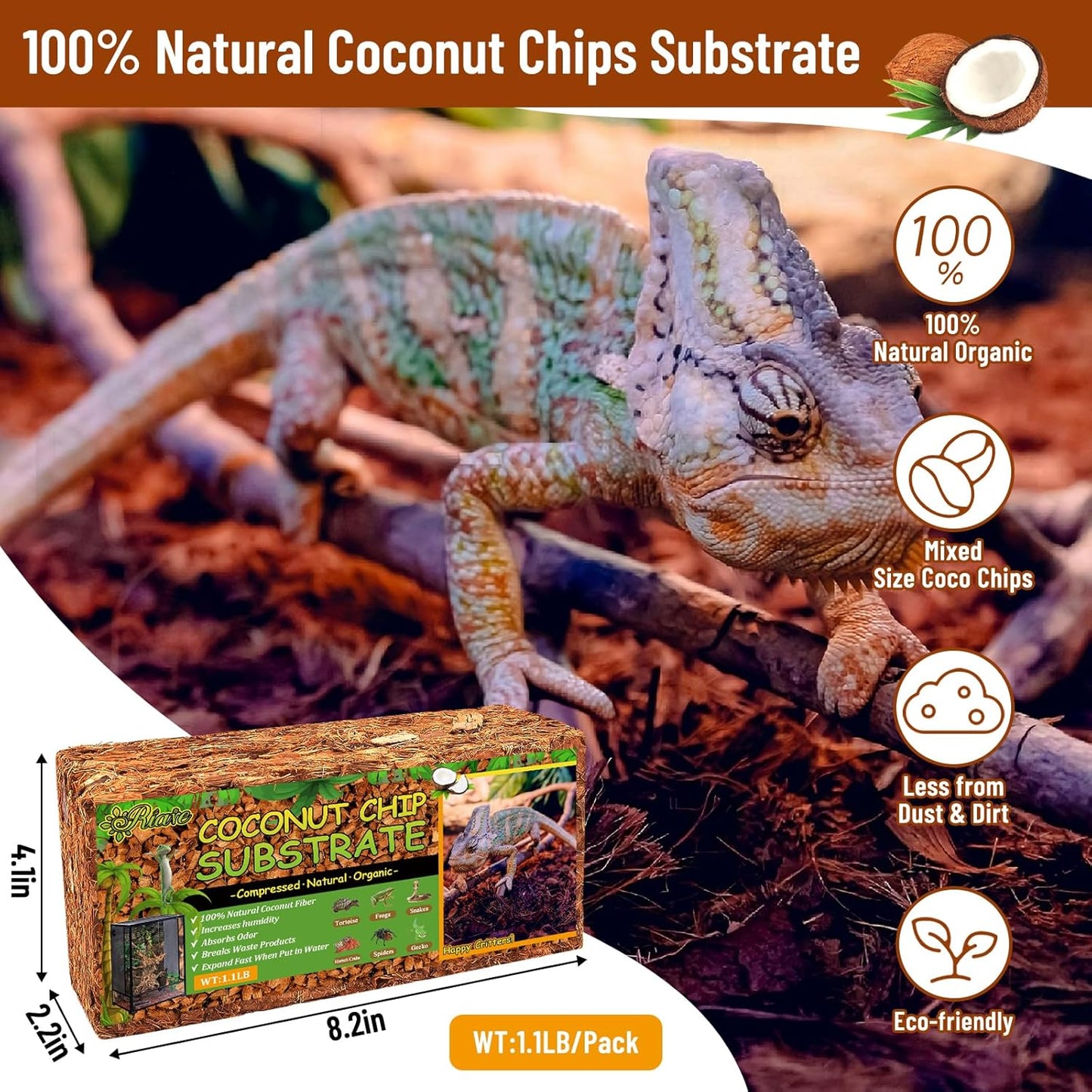 Riare 6 Pack Natural Coconut Chip Substrate for Reptiles- Compressed Coconut Husk Reptiles Bedding, Coco Husk Chip Terrarium Substrate for Snakes, Tortoises, Ball Python, Frogs, Bearded Dragon, Lizard