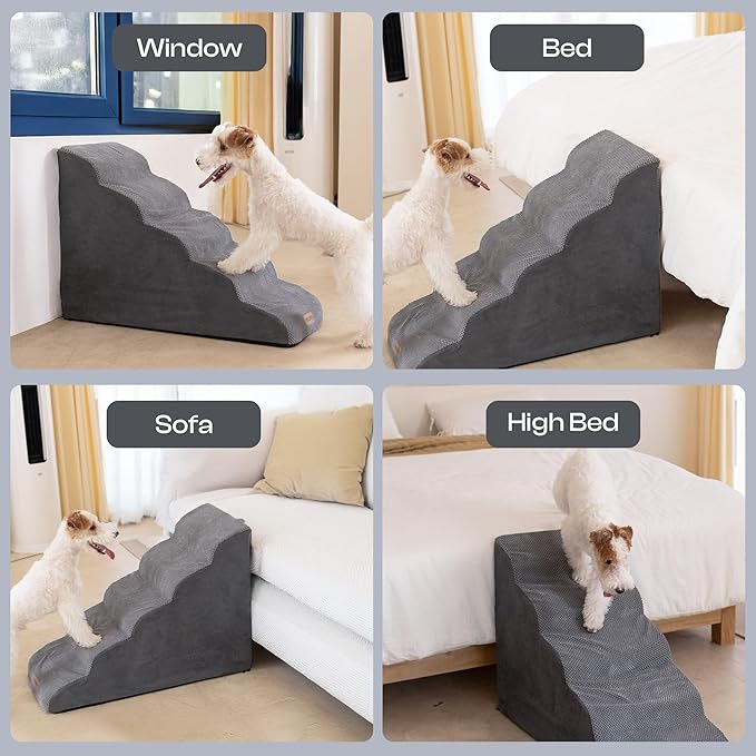 Dog Stairs for High Beds Up to 30", Extra-Tall 24.5" 5-Step Foam Pet Ramp with Washable Cover, Gentle Slope Steps, Bed & Couch Ladder for Small Medium Dogs & Senior Cat, Puppy Climbing Stairs