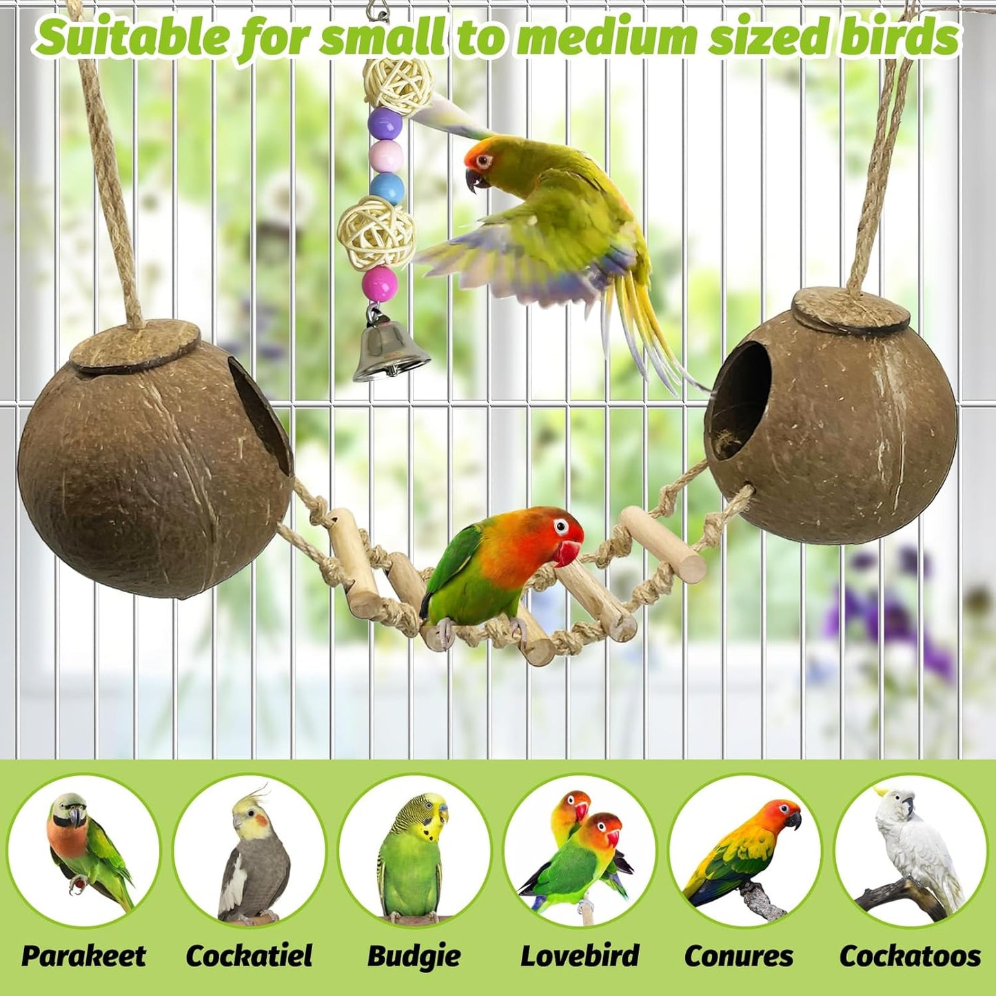 kathson 5Pcs Bird Coconut House with Ladder Parakeet Coconut Nest for Cages Parrot Hut Hanging Natural Coconut Fiber Conure Chewing Toys for Cockatiel Budgie Lovebird Cockatoos