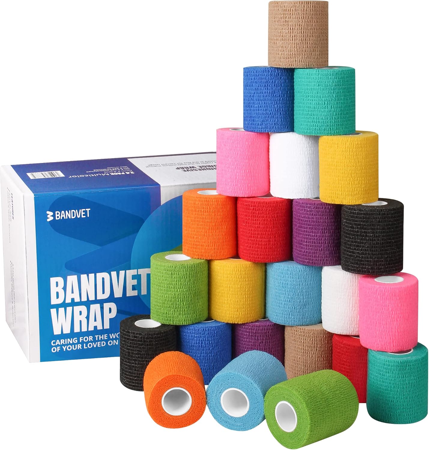 Self Adhesive Bandage Wrap - Pack of 24, Assorted Colors, Non-Woven, Breathable & Water-Resistant Vet Wrap for First Aid, Sports Injury, Body Sprains, & Pets - 2 Inch x 5 Yards