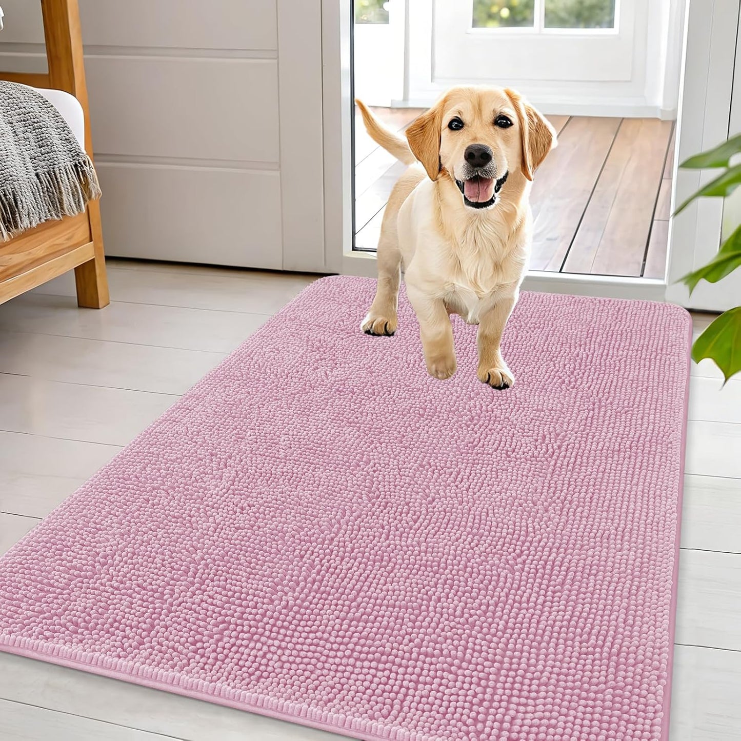 OLANLY Dog Door Mat for Muddy Paws 44x32, Absorbs Moisture and Dirt, Absorbent Non-Slip Washable Doormat, Quick Dry Chenille Mud Mat for Dogs, Entry Indoor Entryway Carpet for Inside Floor, Dusty Rose