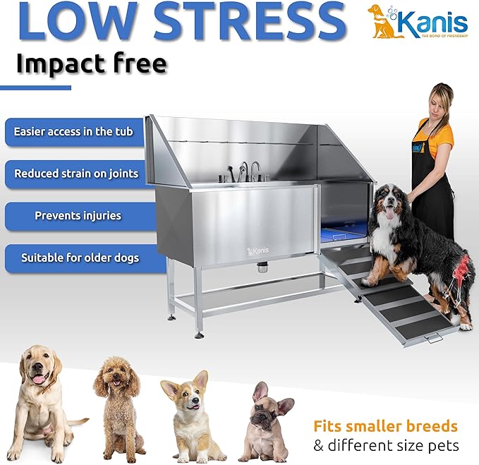 KANIS Professional Dog Washing Station - 304 Stainless Steel Pet Wash Sink & Grooming Bath Tub for Home with Ramp, Shower, Floor Grate, Storage Shelf, Faucet, Drain Kit for Large, Medium & Small Pets