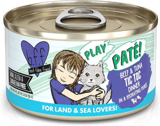 Weruva B.F.F. Play - Best Feline Friend Paté Lovers, Aw Yeah!, Beef & Tuna Tic TOC with Beef & Tuna, 2.8oz Can (Pack of 12)