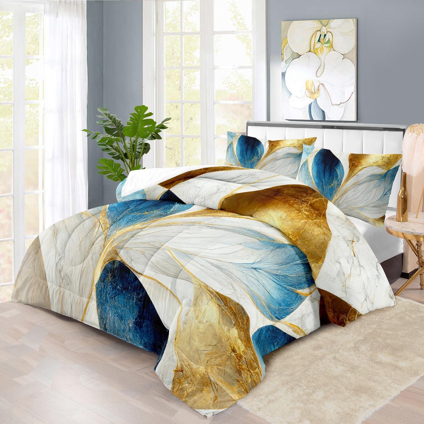 Vintage Floral Comforter Set King Size Women,Marble Flower Bedding Set King,Marble Blue Flower Bed Comforter,Blue and Gold Floral Quilt Bedroom Decor for Kids and Adults