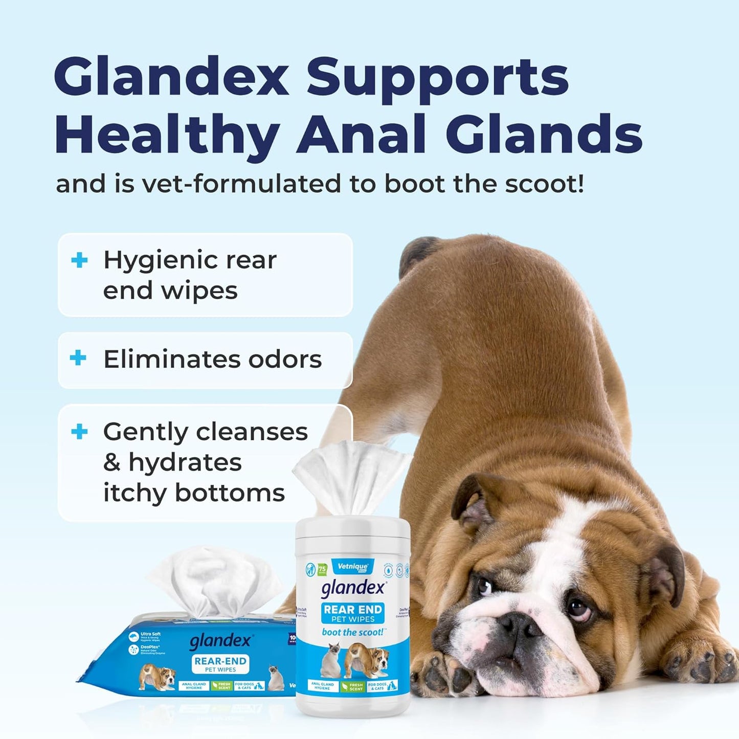 Vetnique Labs Glandex Dog Wipes for Pets Cleansing & Deodorizing Anal Gland Hygienic Dog & Cat Wipes with Vitamin E, Skin Conditioners and Aloe (75ct)