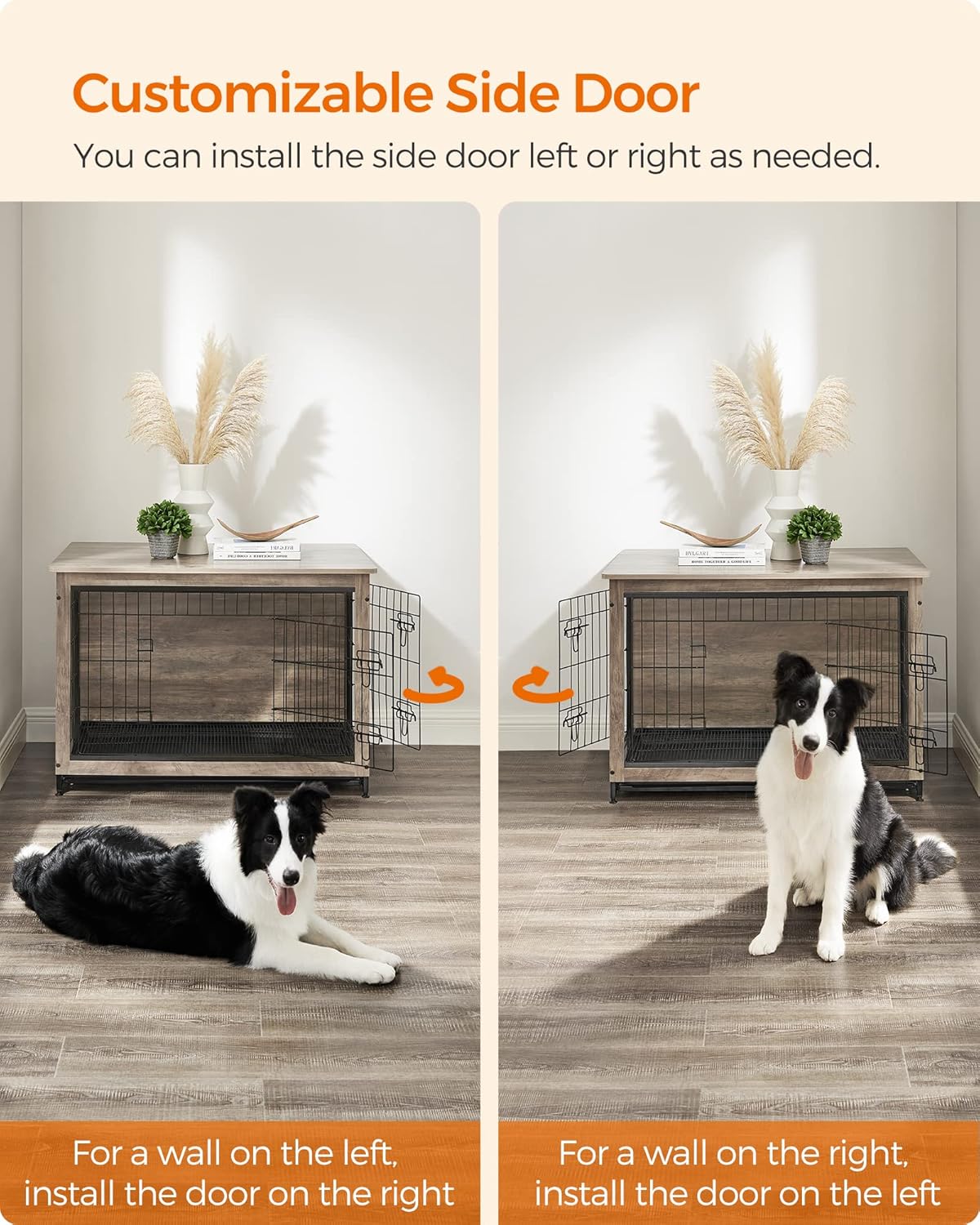 Feandrea Dog Crate Furniture, 38.6" Side End Table, Modern Kennel for Dogs Indoor up to 70 lb, Heavy-Duty Dog Cage with Multi-Purpose Removable Tray, Double-Door Dog House, Greige UPFC003G01